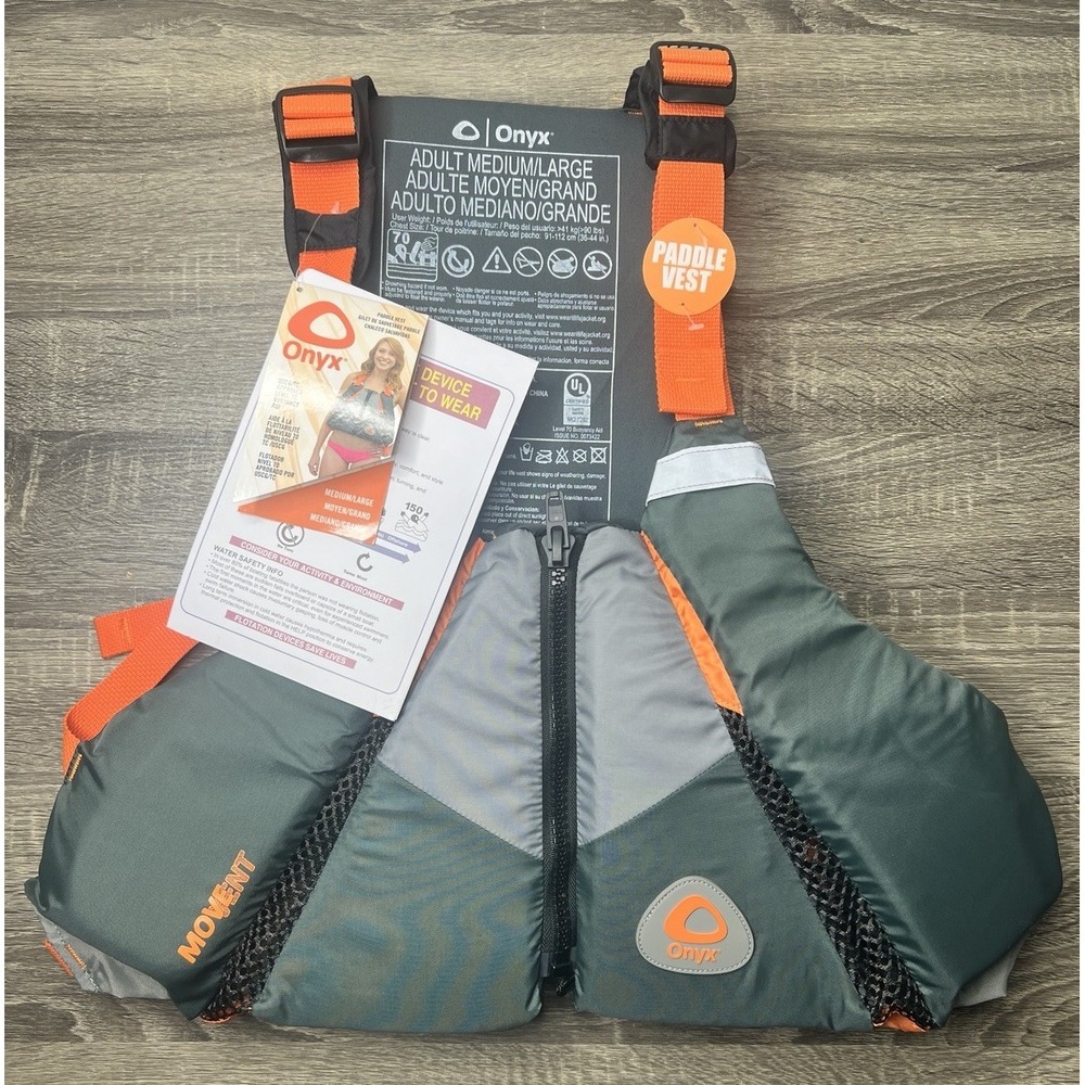 New! Onyx MoveVent Curve Paddle Sports Life Vest PFD- M/L Adult Grey/Orange NWT